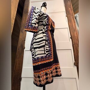 Jealous Tomato Bodycon Mini Dress L Long Sleeve Black Orange Blue Cream Stretch